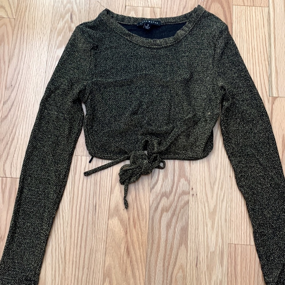 sparkly black and gold crop top long sleeve with tie